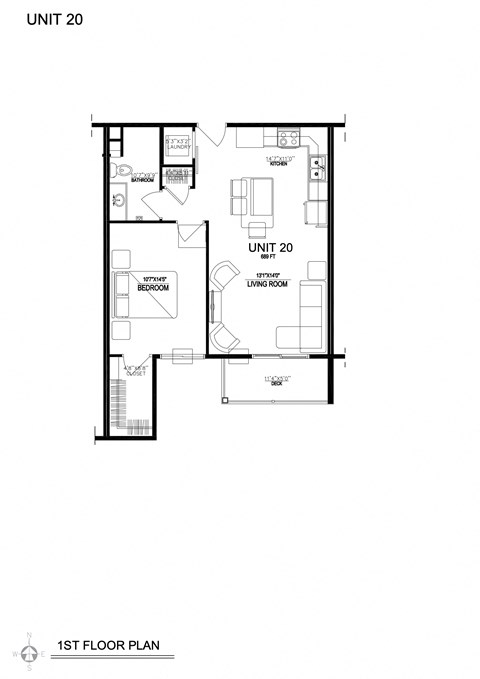 Floor plan for 1 bed, 1 bath, 689 sqft